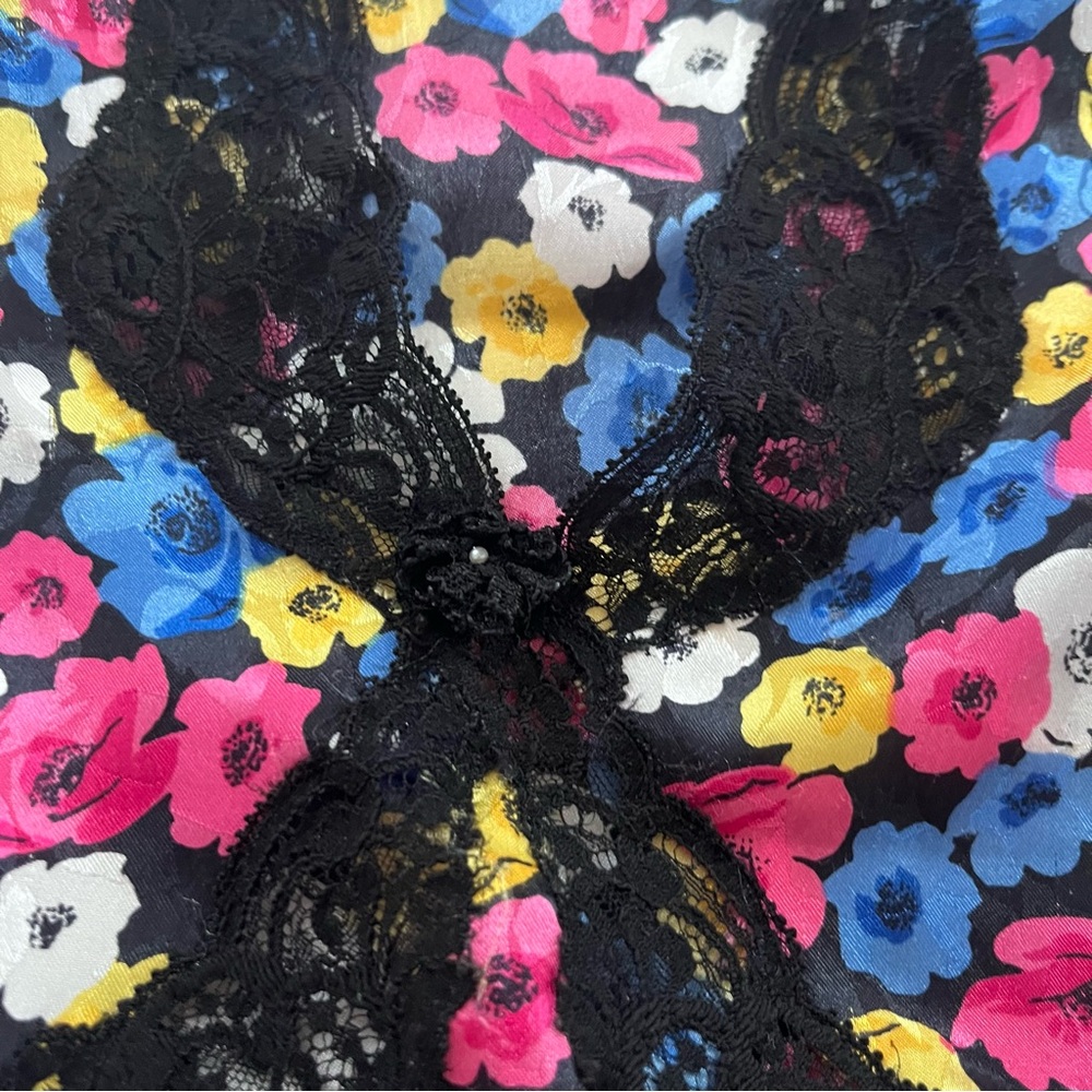 VTG Christian Dior Lingerie Multicolor Floral Satin Nightie Top with Black Lace - Picture 3 of 6